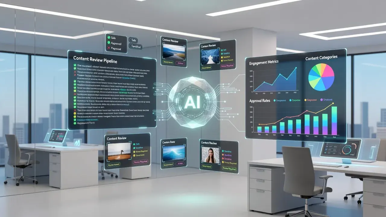 Conceptual 3D illustration of an AI content reviewer analyzing digital documents and media files on a desk.