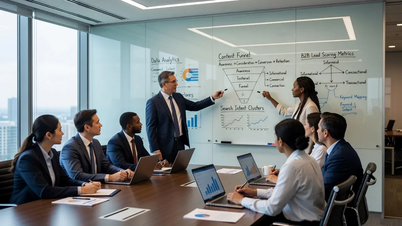 B2B marketing team planning content strategy on whiteboard with data analytics overlay