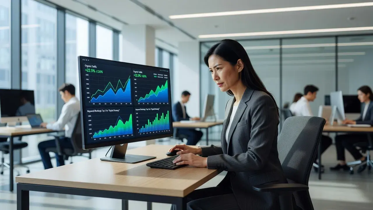 Professional marketer reviewing search engine ranking graphs and agency performance data on a digital screen.
