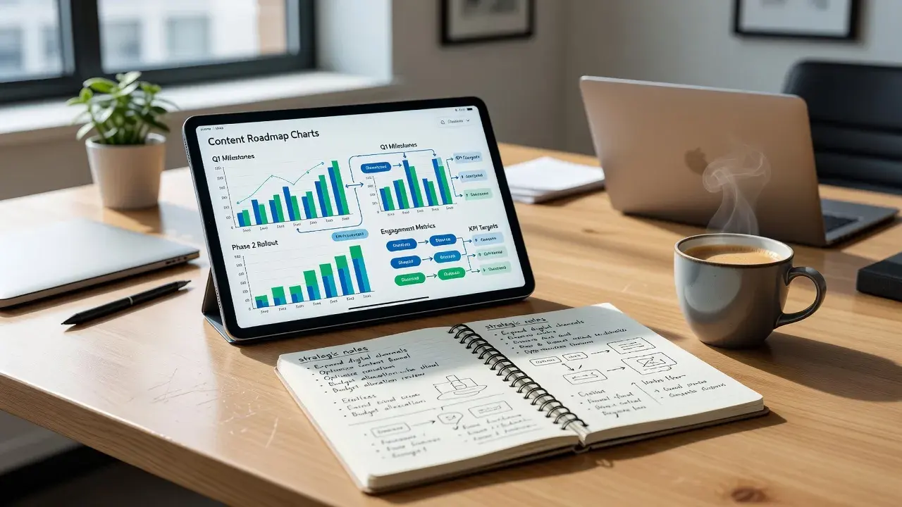 Strategic content planning map with analytics charts and digital strategy documents on an office desk.