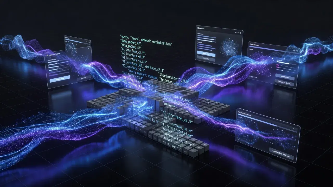 Conceptual visualization of GEO content nodes connecting directly into artificial intelligence search interfaces.