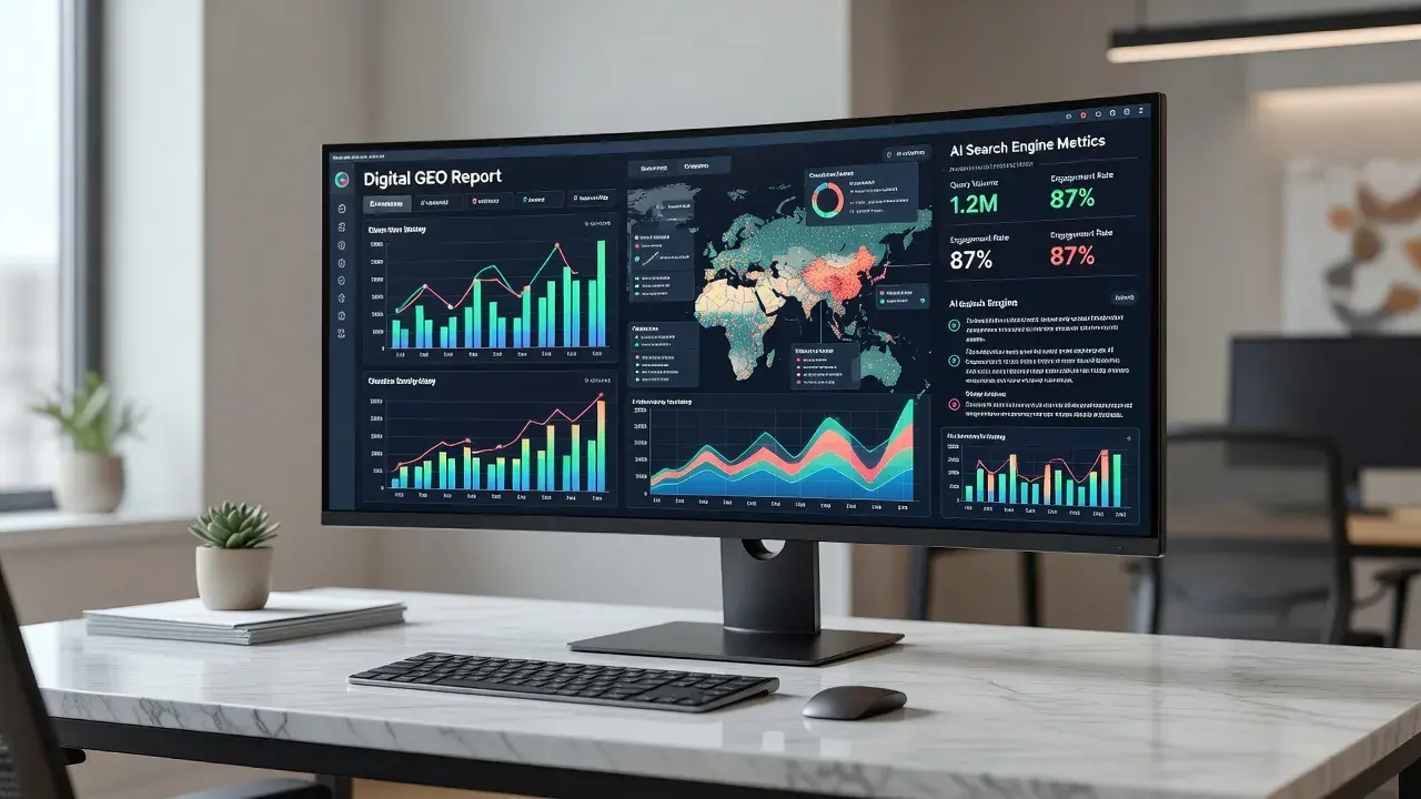 A modern analytics dashboard displaying digital GEO metrics, search engine rank tracking, and site selection data on a desk display.