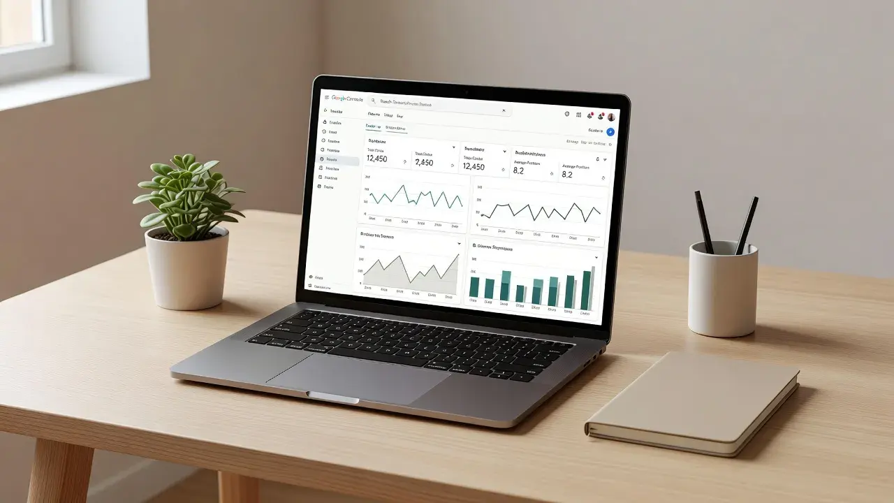 A modern e-commerce workspace with a laptop displaying Google Search Console setup on a Shopify store.