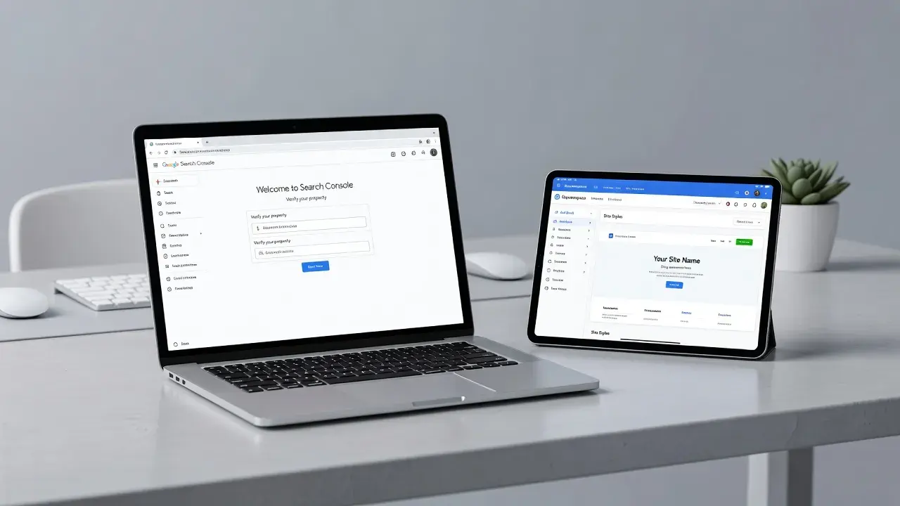 Digital workspace displaying Google Search Console setup interface alongside a Squarespace domain settings screen.