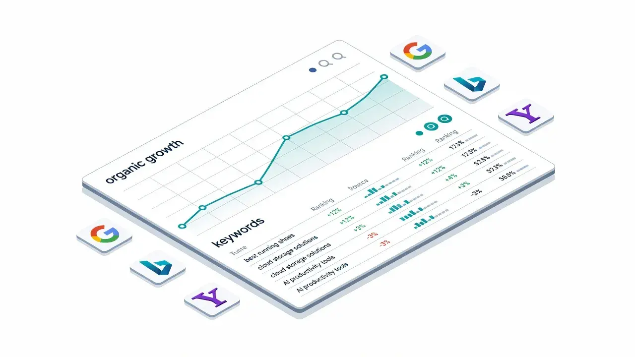 Illustration depicting search engine ranking metrics and organic performance evaluation dashboard.