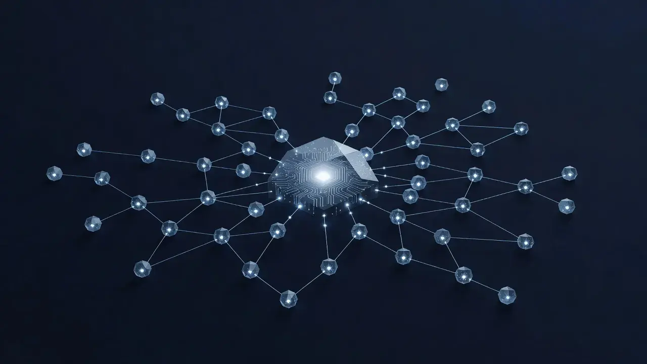 Abstract digital network visualization representing generative engine optimization services in the AI industry