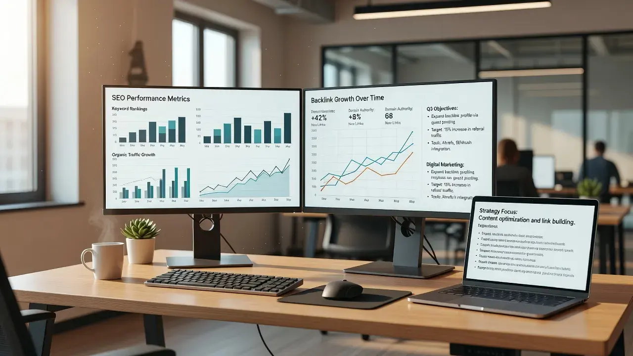 Modern office setting with digital marketing dashboards illustrating link building growth metrics.