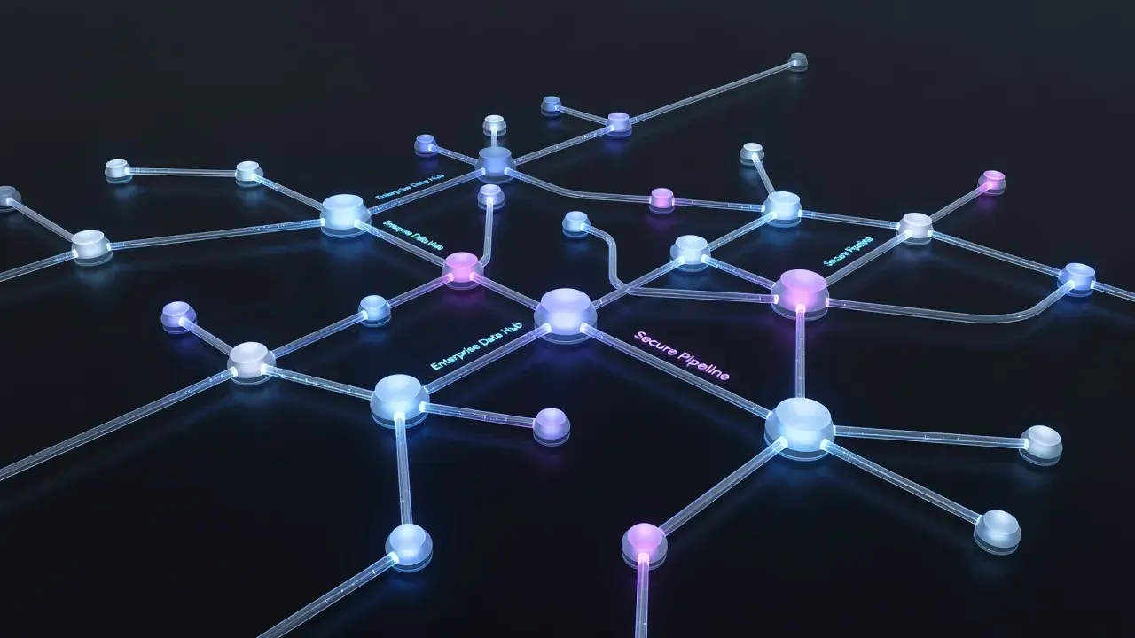 Abstract digital network graphic representing interlinked web nodes and domain evaluation systems.