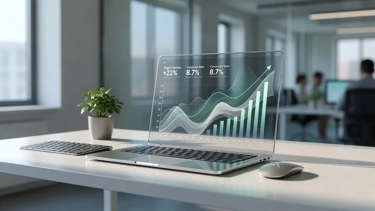 A modern business workspace displaying search engine analytics growth charts on screen