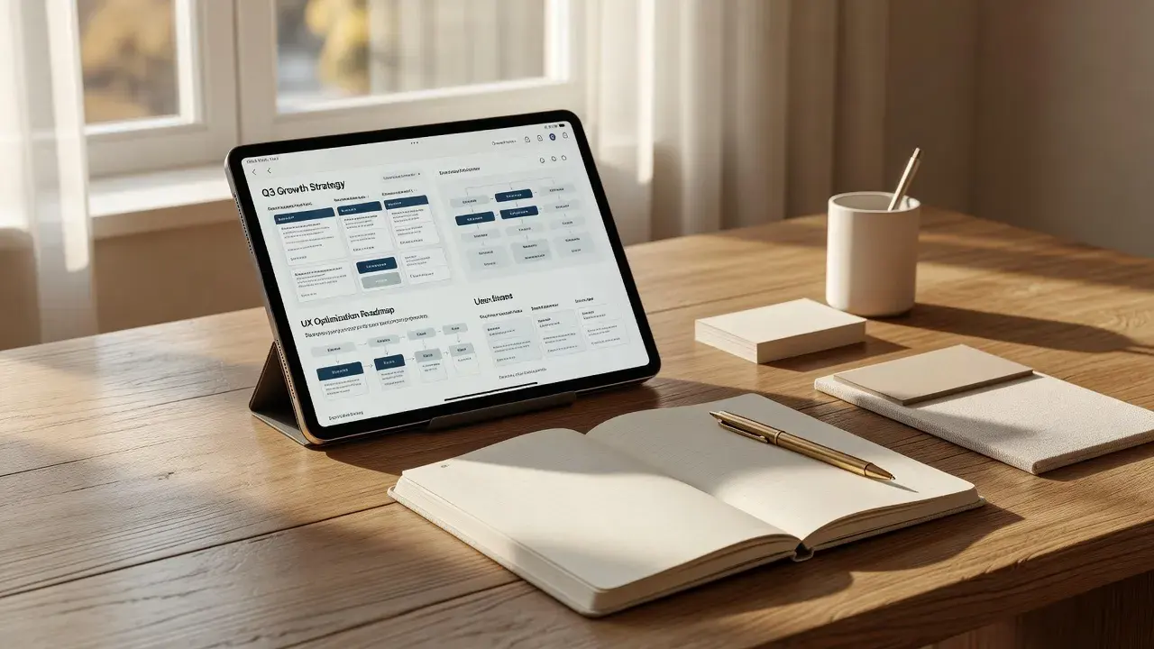 A modern workspace showing a content strategist planning a website strategy blueprint on a tablet and notebook