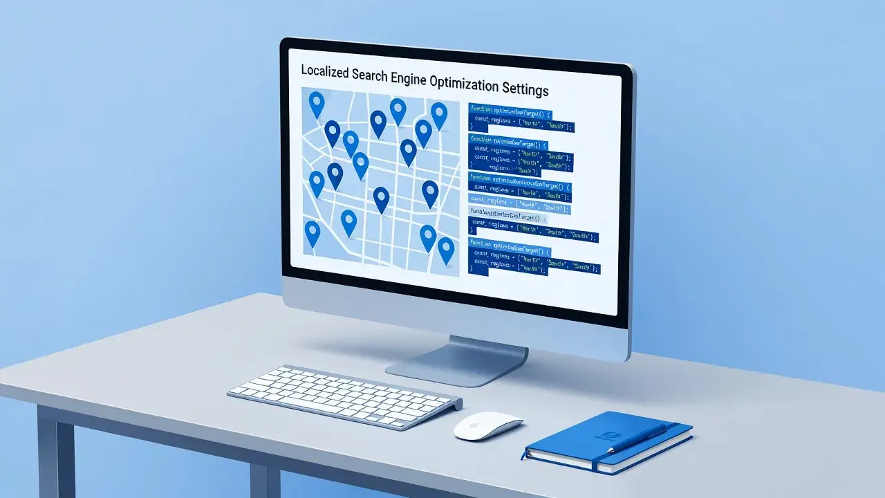 Illustration of a computer screen configuring local SEO software settings and geographic store tags.