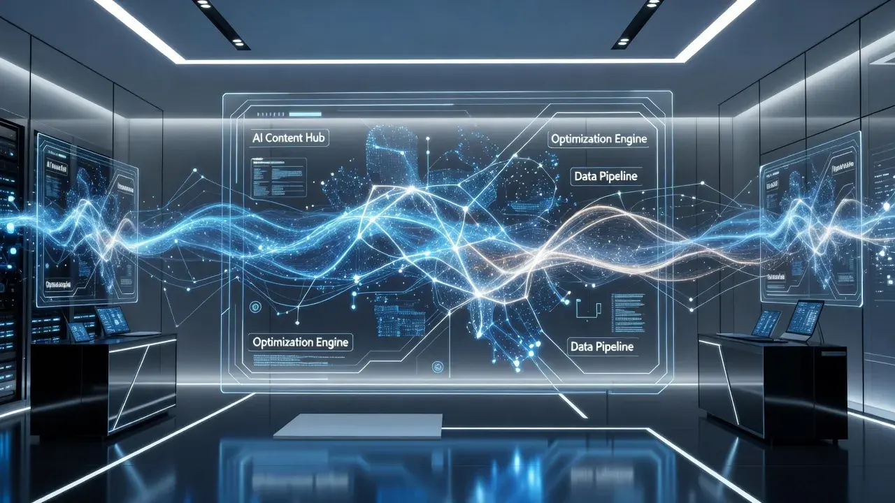 Concept art of artificial intelligence nodes processing digital web content for search citations.