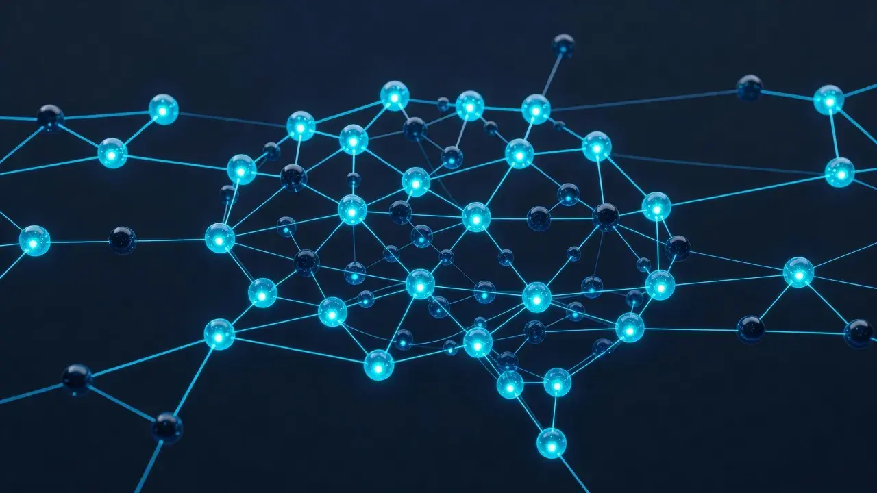 3D visualization of interconnected neural network nodes representing artificial intelligence answer engines and digital search visibility.