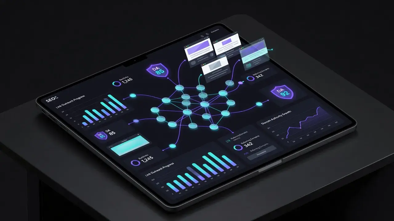 A modern digital dashboard displaying backlink analytics, outreach workflows, and domain authority metrics.