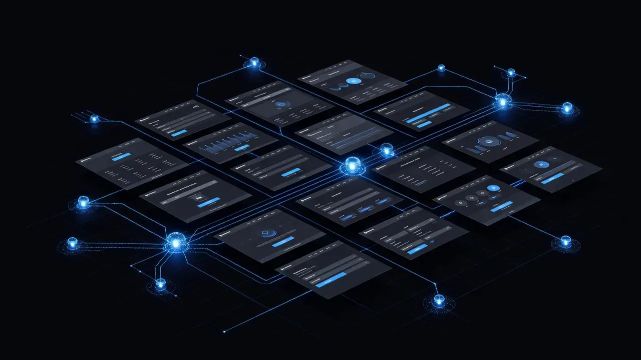 3D isometric graphic representing backlink exchange network nodes connecting online domains