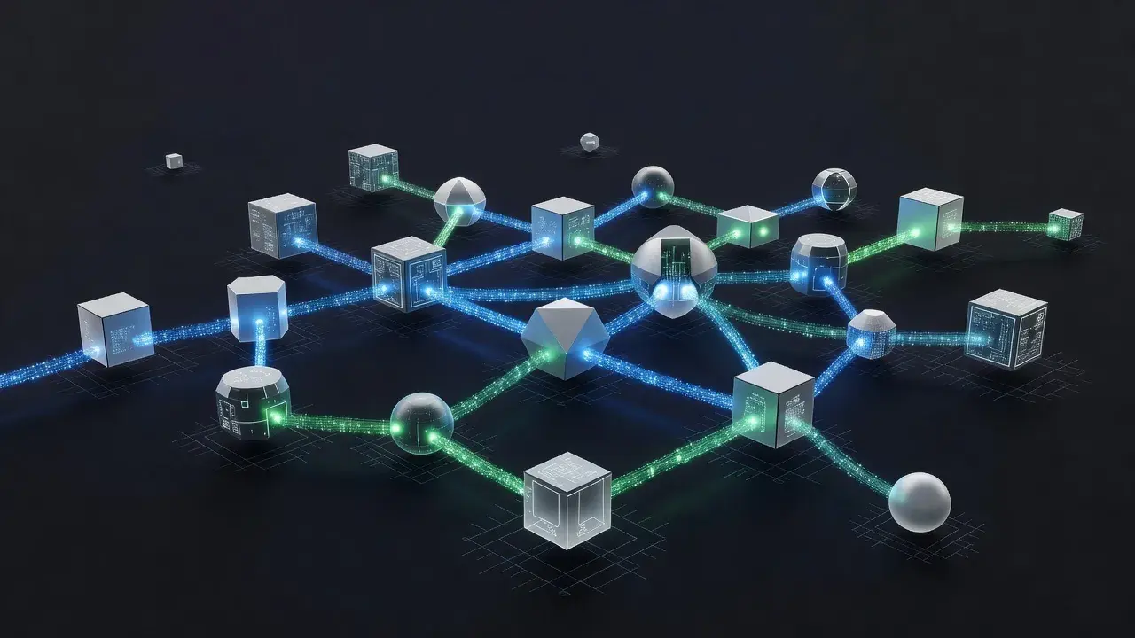 3D visualization of connected digital network nodes and AI answer engine data streams.