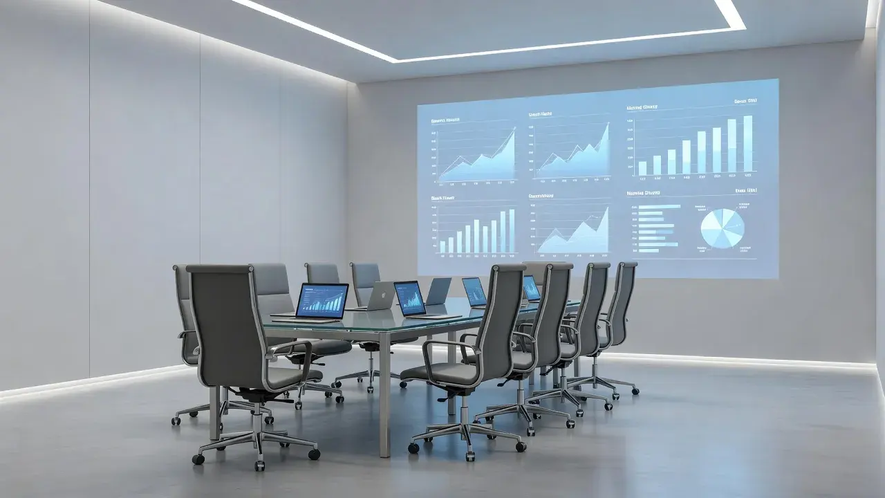 A professional digital strategy meeting room with graphs displaying search engine optimization growth.