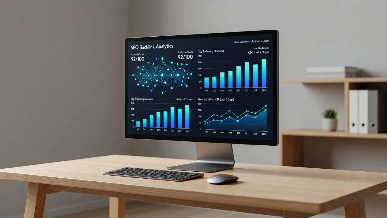 Professional reviewing a link building platform interface with outreach graphs and email response rates.