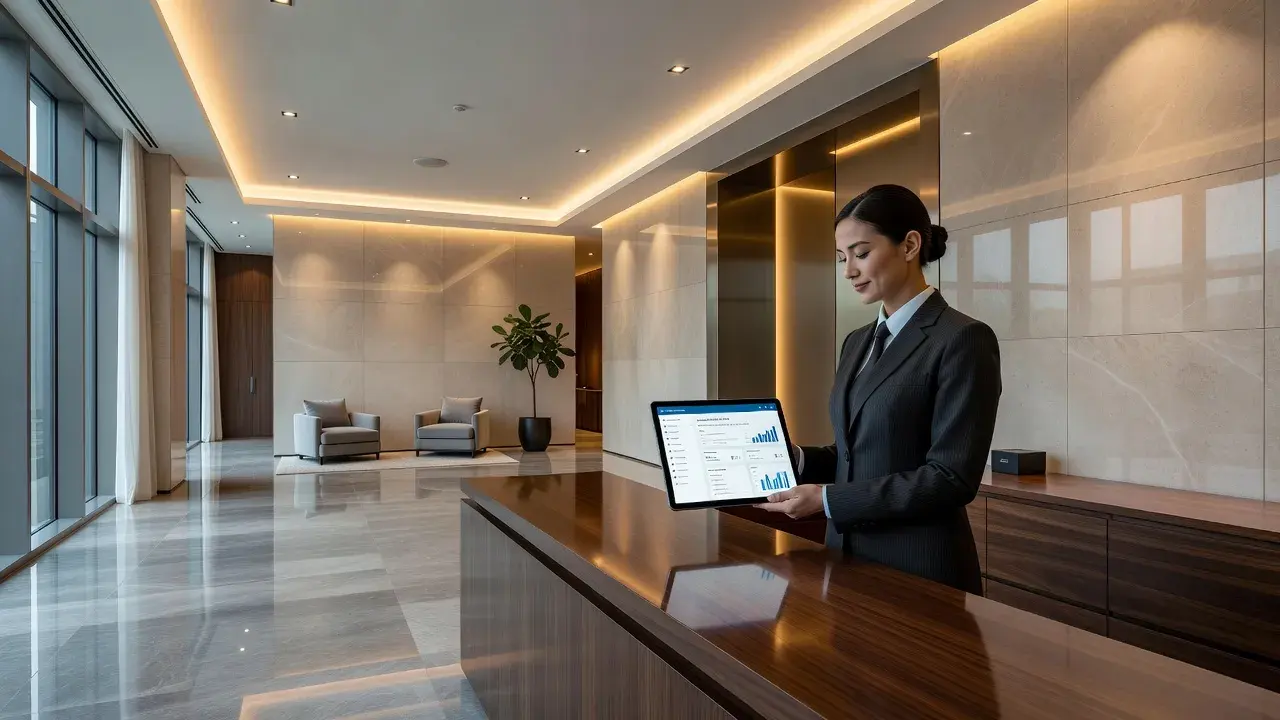 Modern residential high-rise building manager using a tablet computer to review property management software in a stylish lobby.