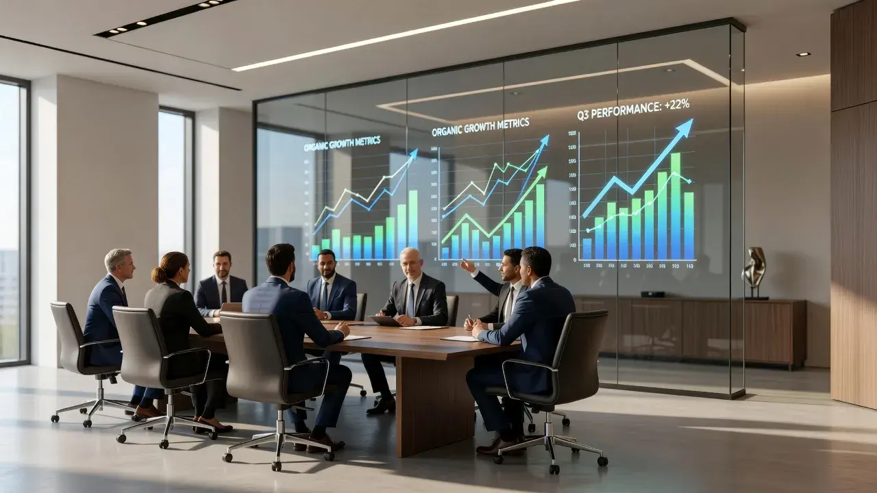 A modern digital agency strategy room with team members reviewing content marketing analytics graphs on a screen.