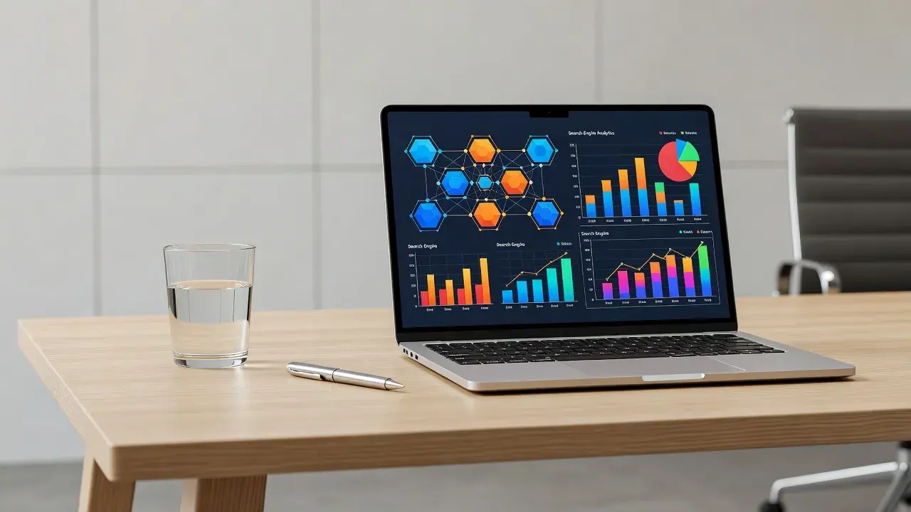 A laptop screen displaying a content marketing with SEO growth dashboard and topic cluster map.
