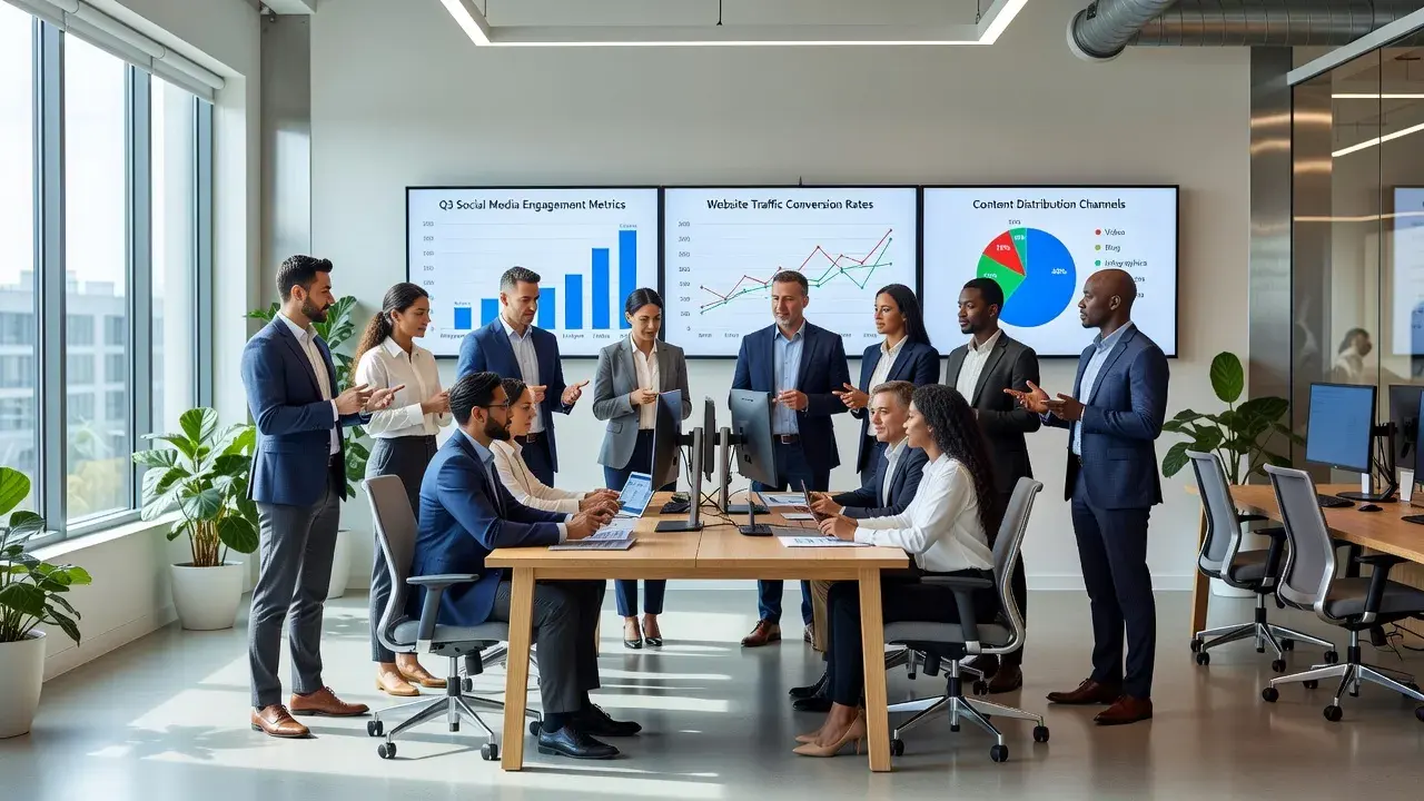 Professional marketing team collaborating around a digital content strategy dashboard.