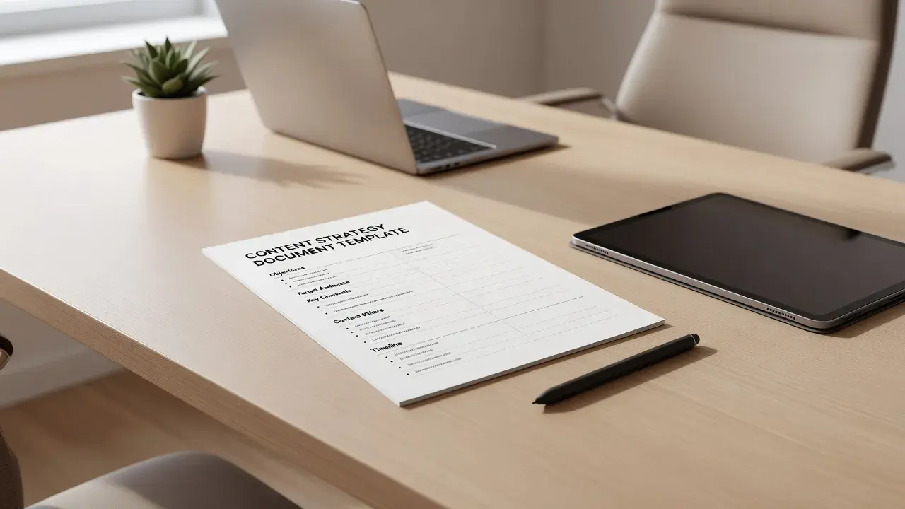 Content strategy template document with planning checklist and tablet on an office desk.