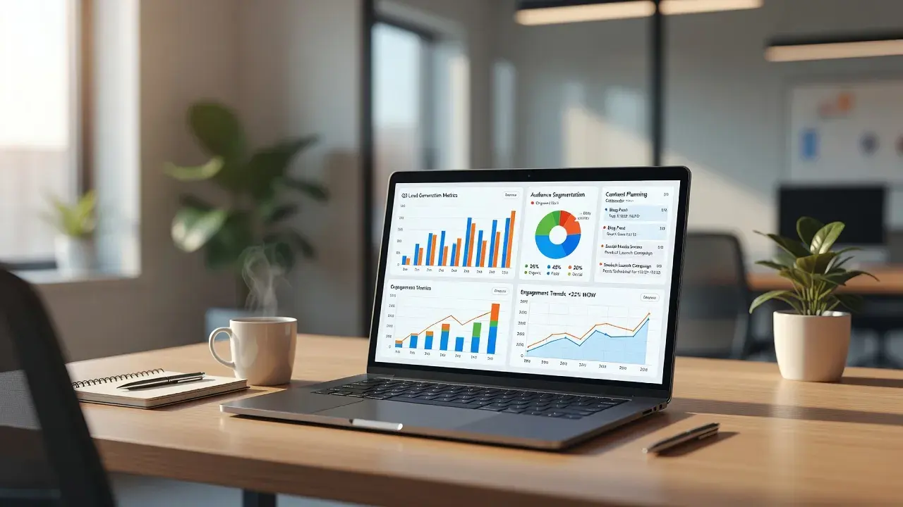 Digital marketing metrics and campaign ideas visualized on a modern workspace screen.