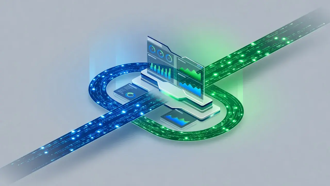 3D isometric illustration showing direct traffic and organic traffic streams entering a business analytics control panel.