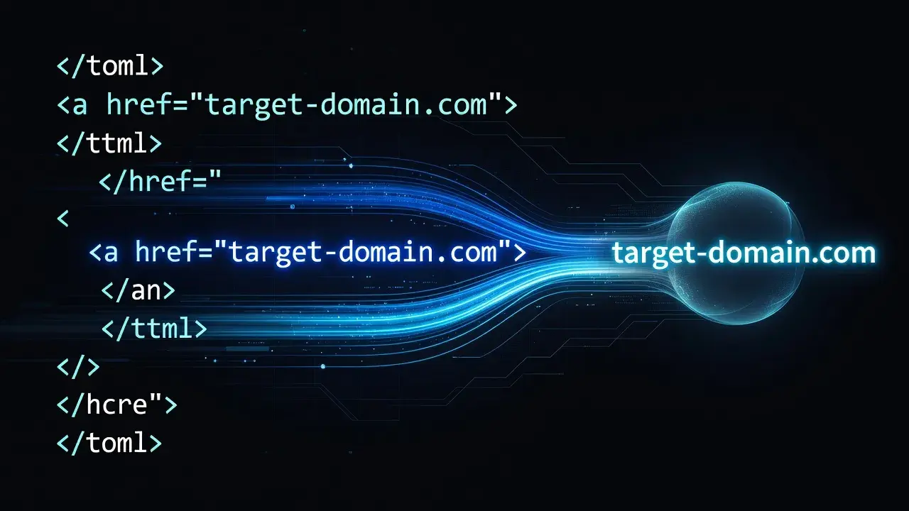 Conceptual illustration showing standard HTML anchor link code transferring digital search authority between two websites.