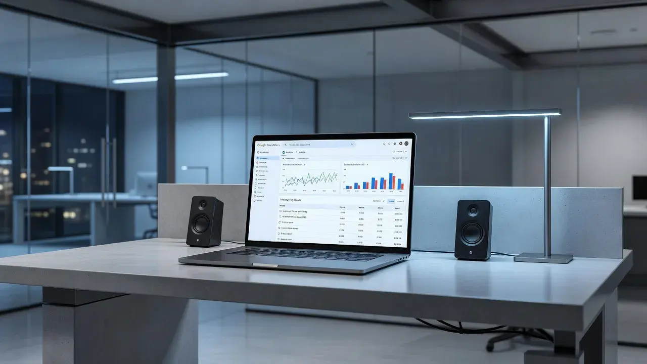A modern analytics workspace showing technical SEO audit charts and Google Search Console error reporting on a monitor.