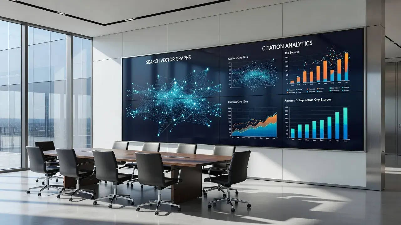 A modern strategy room displaying generative engine optimization performance charts and AI analytics.