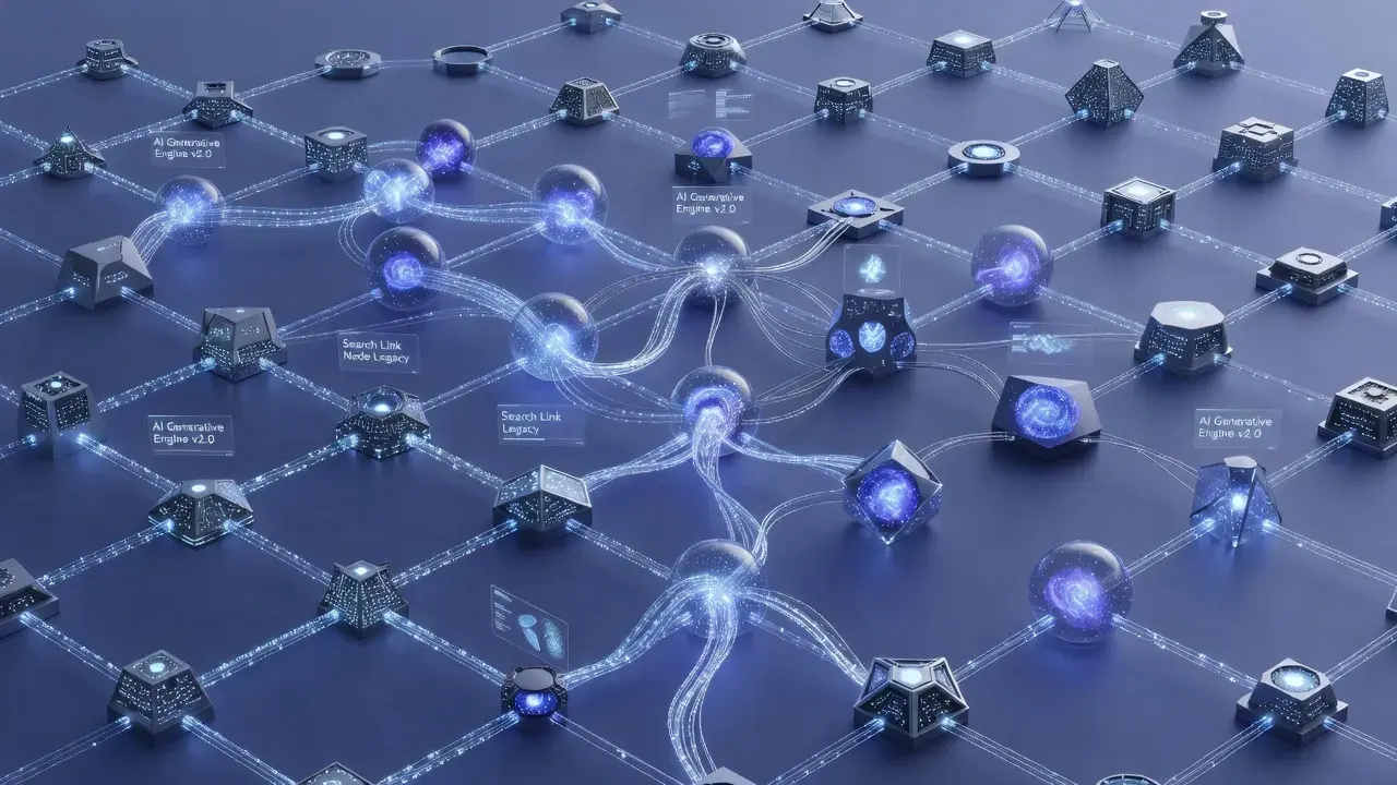 3D visualization of search network nodes connecting traditional blue links to AI answer summaries.