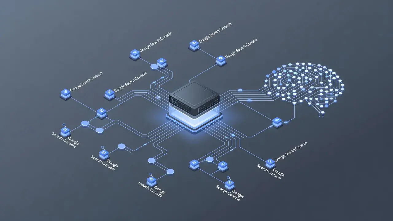 A conceptual illustration of a Model Context Protocol server bridging Google Search Console analytics data with an AI model interface.