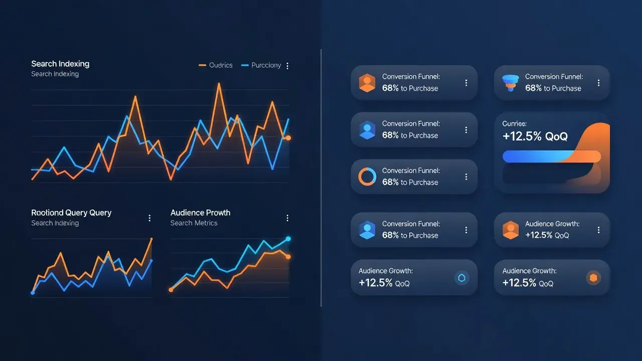 Comparison conceptual illustration showing Google Search Console technical data graphs side by side with Google Analytics user behavior dashboards.