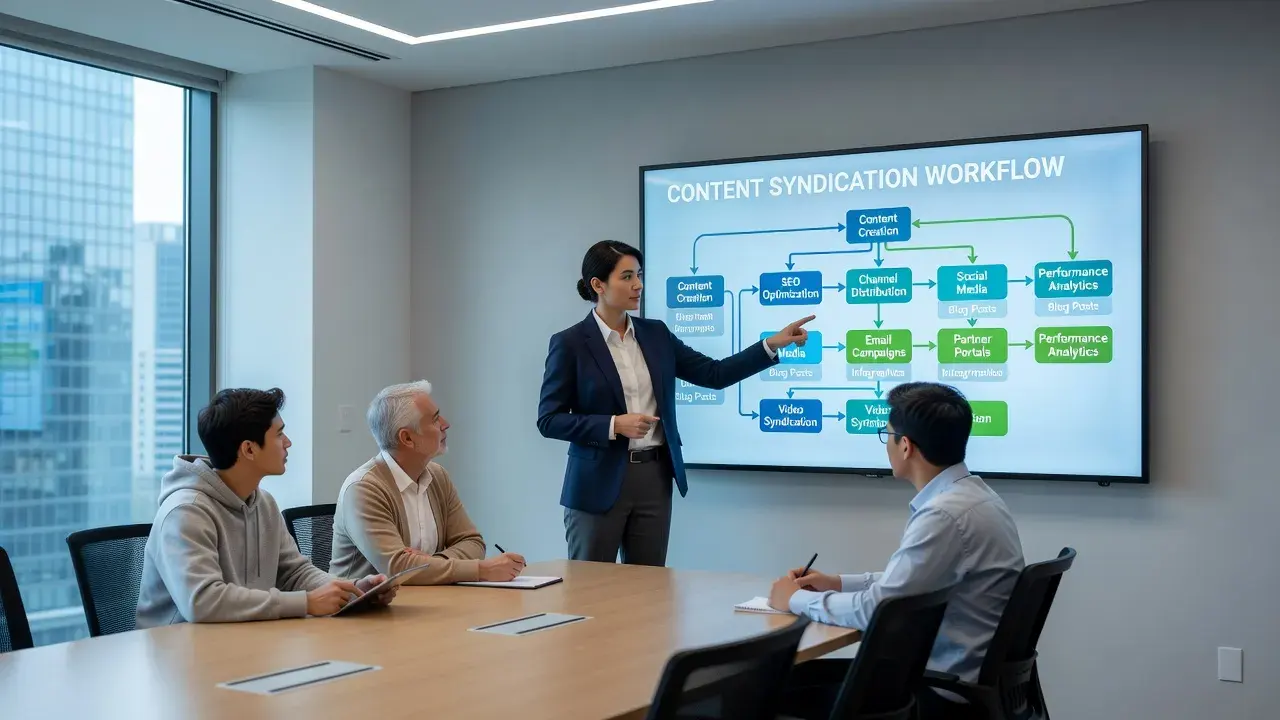 Marketing executive mapping out a multi-channel content distribution strategy on a digital board.