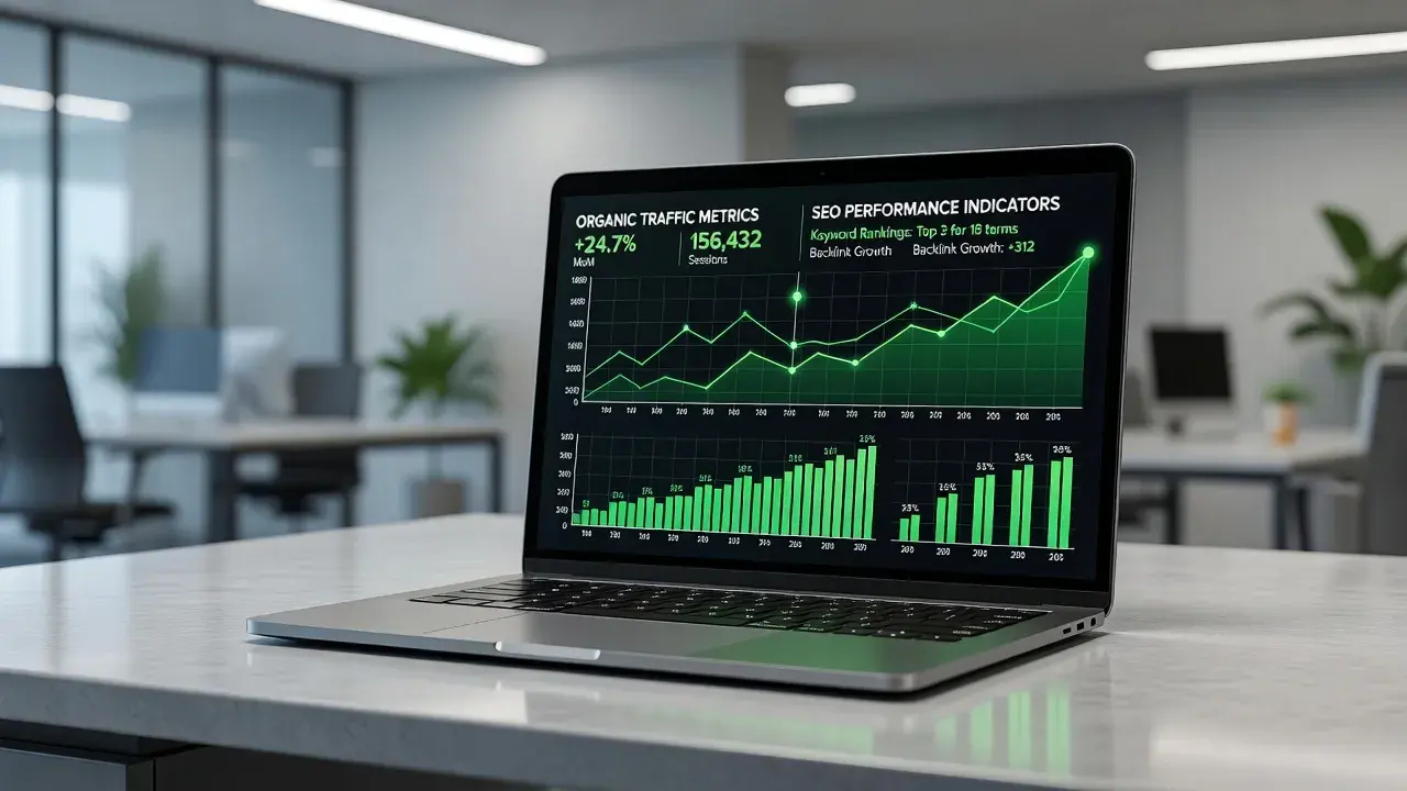 Search engine ranking analytics dashboard showing upward organic traffic growth graphs on a laptop screen.