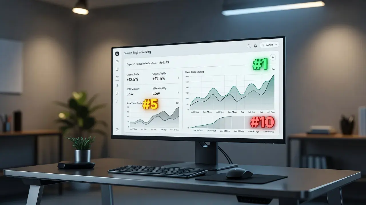 A modern analytics dashboard displaying search engine ranking positions, keyword trends, and performance metrics on a desktop screen.