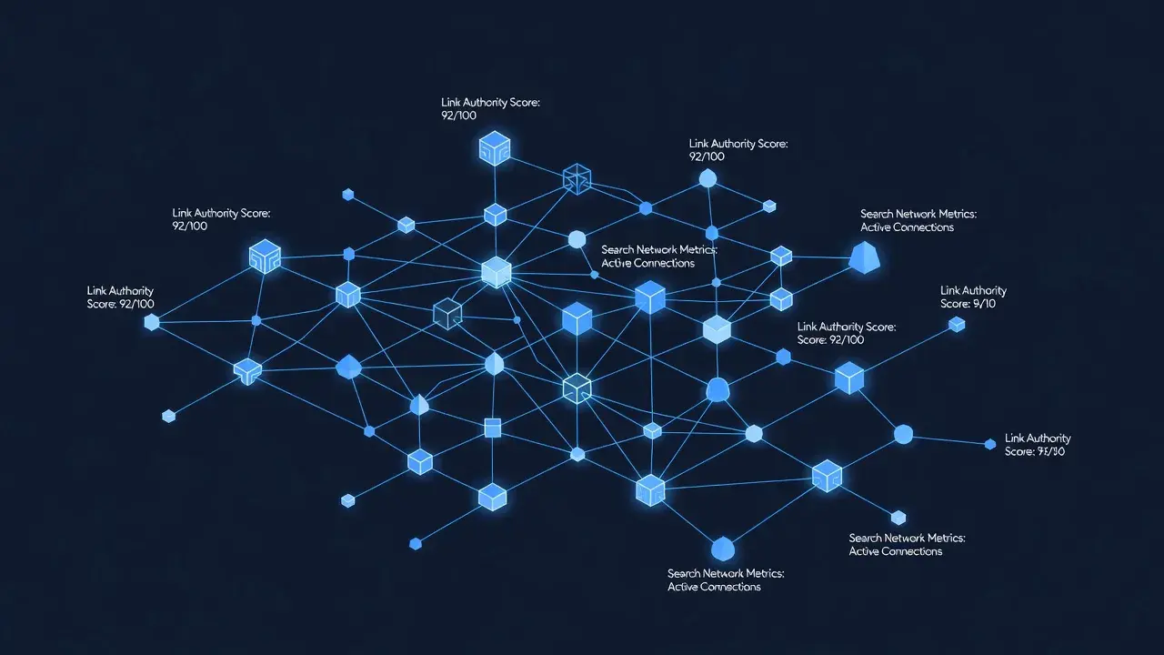 Isometric dynamic display showing link building strategy tiers, connection nodes, and search performance analytics.
