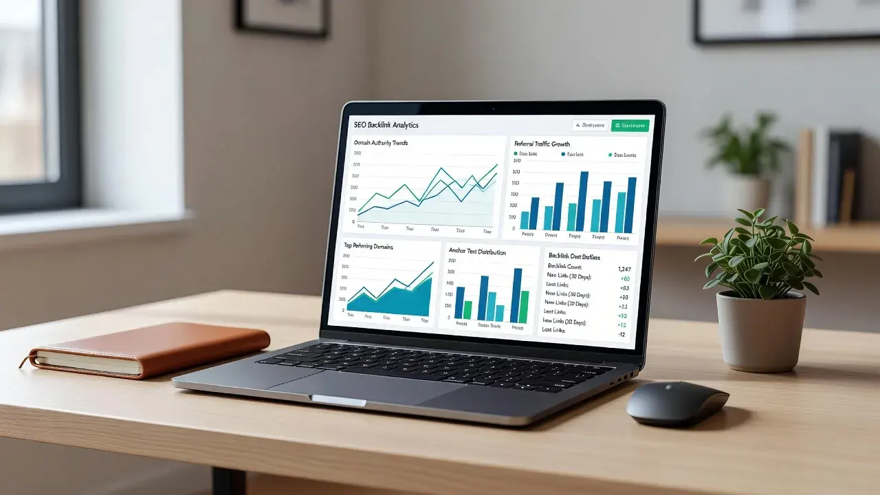 Modern office desk with a computer showing free link building software and backlink metrics.