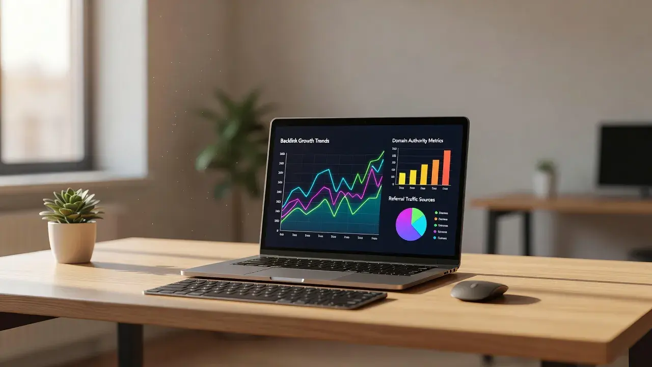 Clean office desk with a laptop displaying link building software backlink graphics and outreach dashboards.