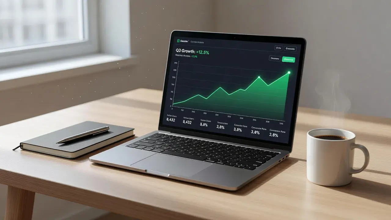 Organic traffic generation strategy dashboard displaying web analytics metrics and growth charts on a modern desk setup.