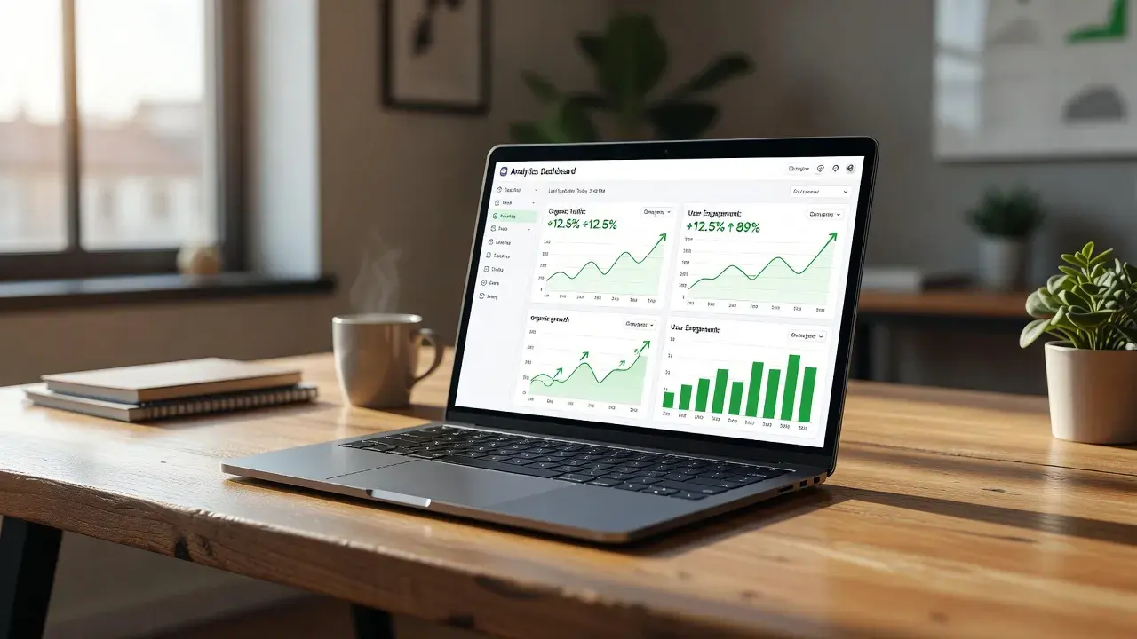 Business professional examining an organic traffic reporting dashboard in Google Analytics 4 on a laptop screen.