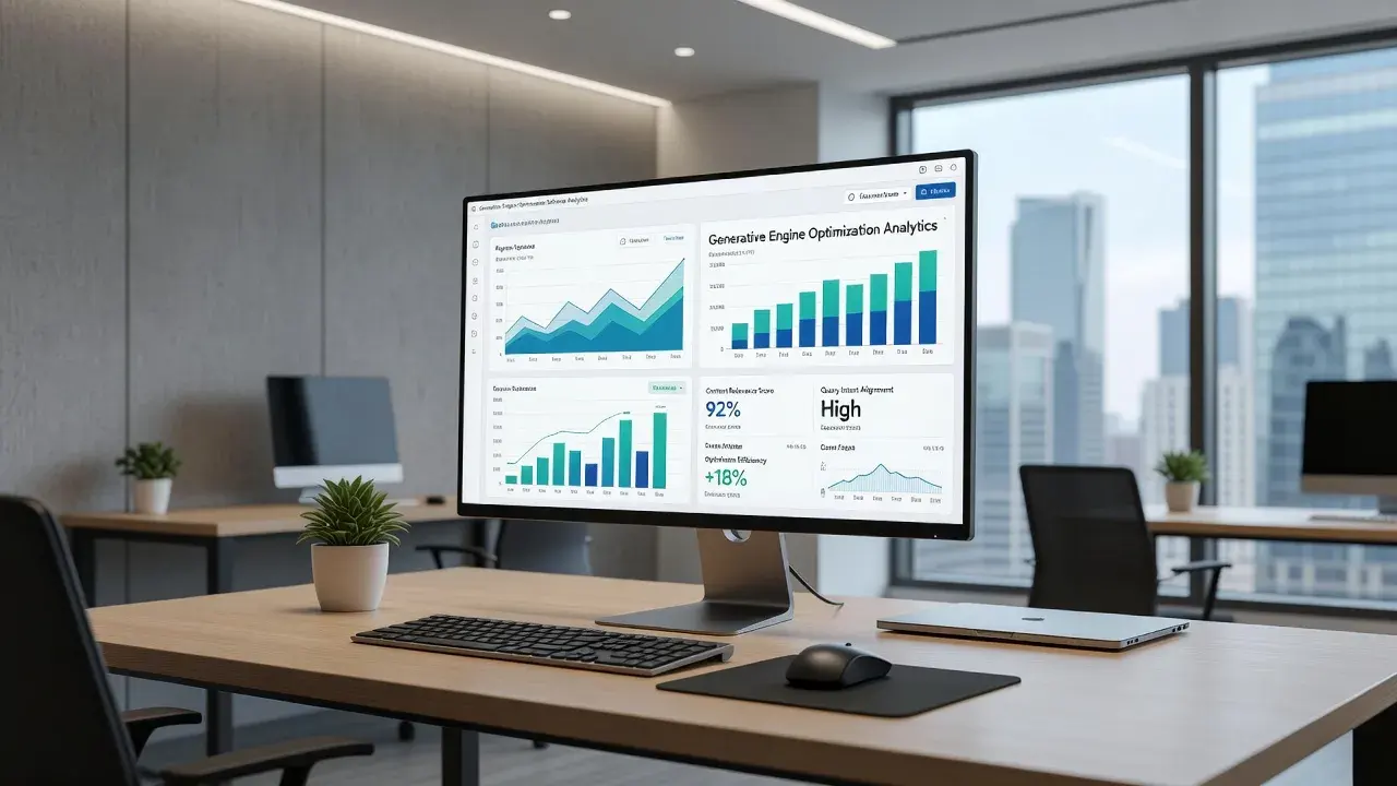 Generative engine optimization software interface displaying AI search citation metrics and content performance graphics.