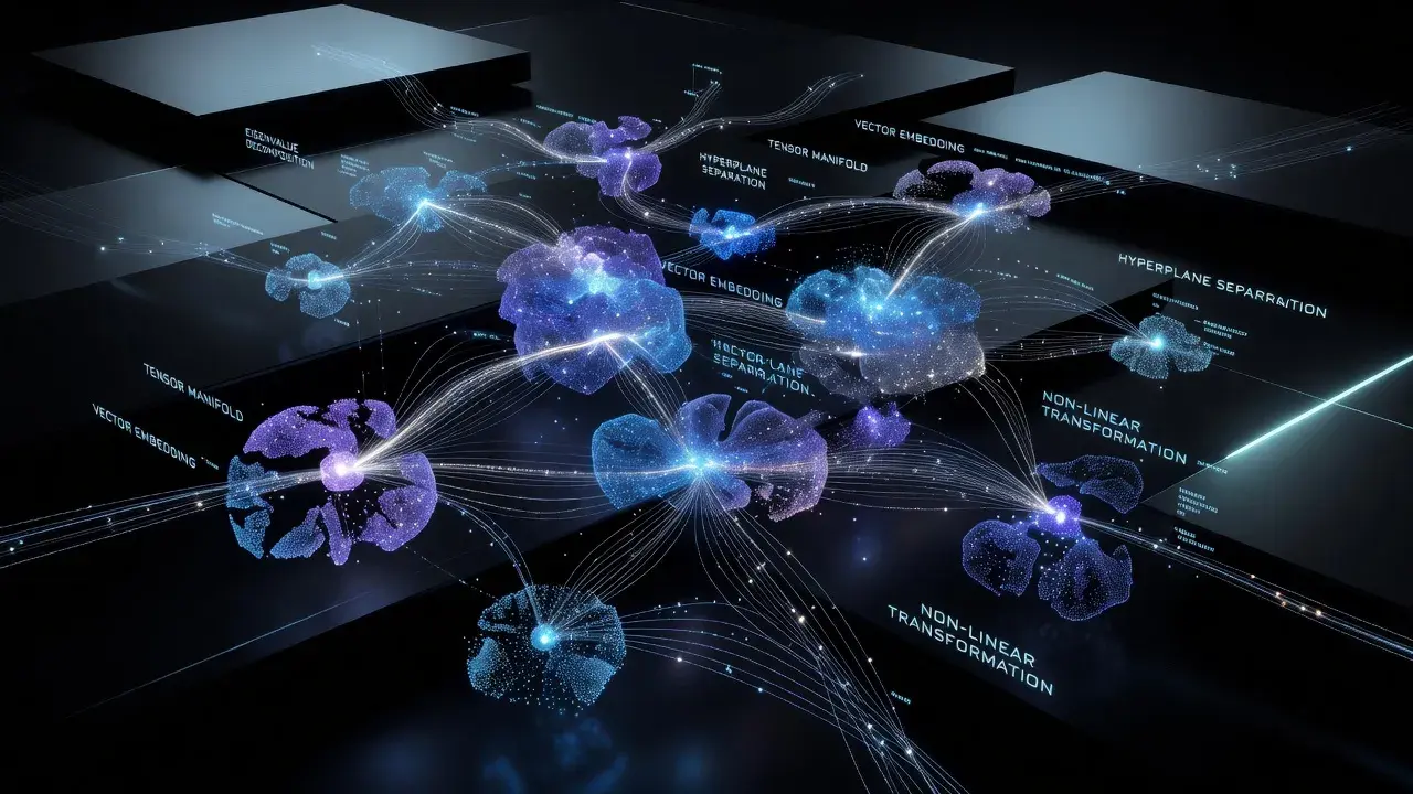 3D visualization of semantic AI vector nodes connecting across a digital matrix