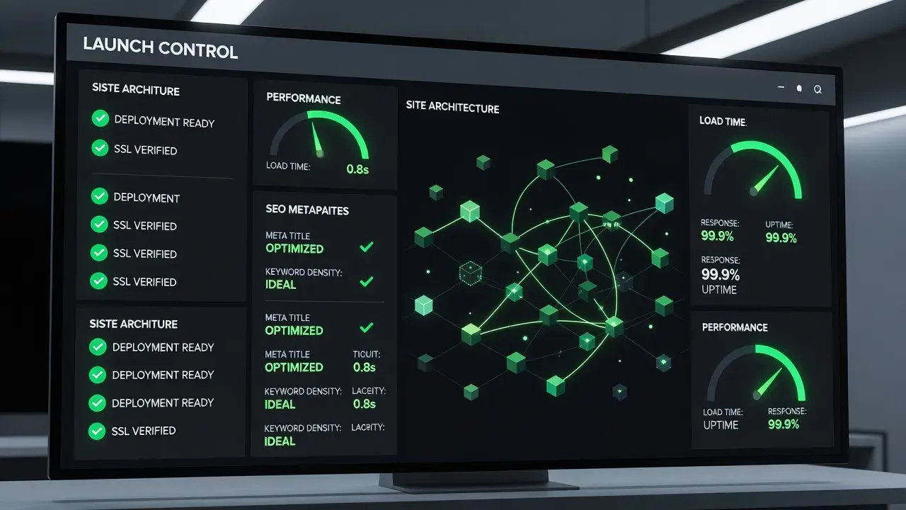 3D render of a futuristic site launch dashboard displaying technical SEO checklist checklists and indexing metrics.
