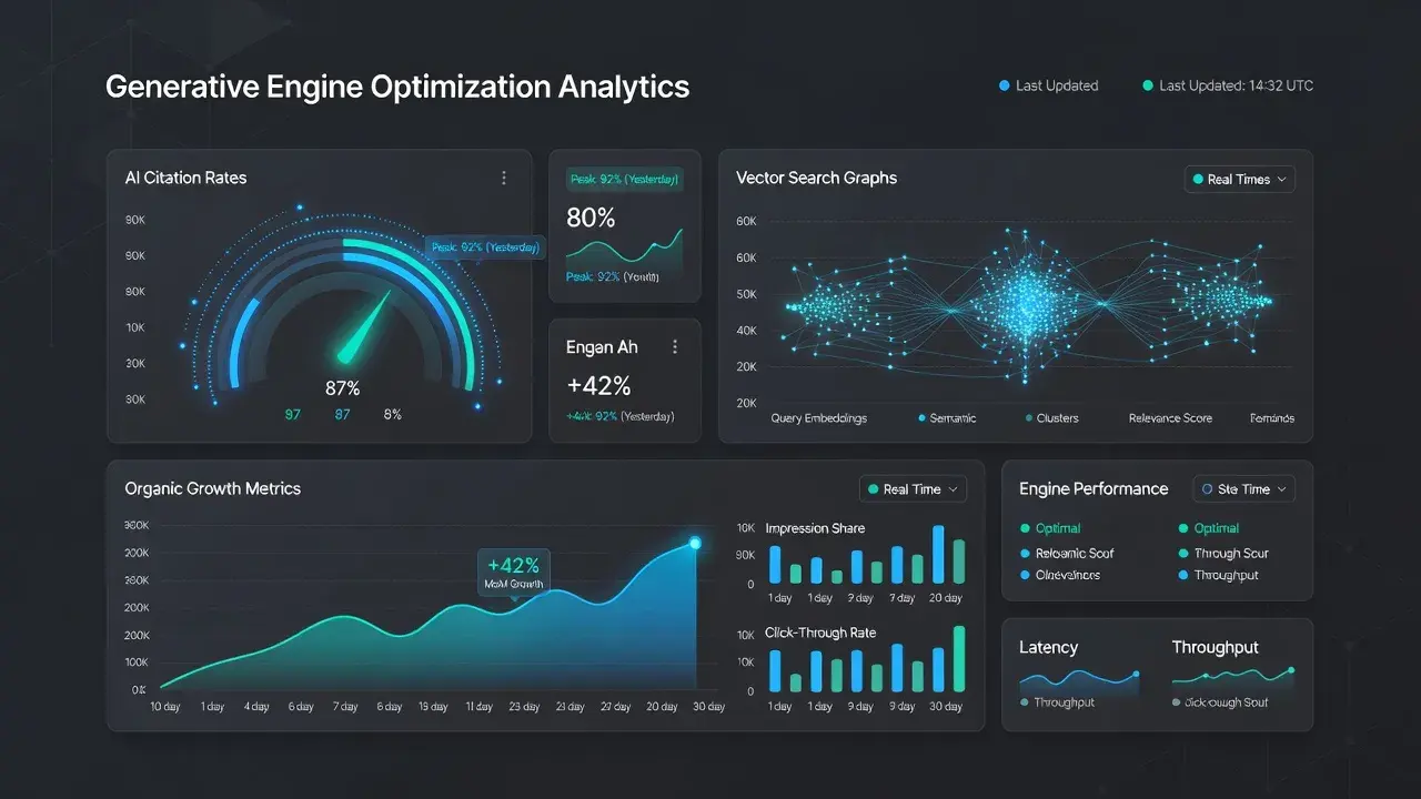 A modern analytics dashboard displaying generative engine optimization citation metrics and AI visibility trends.