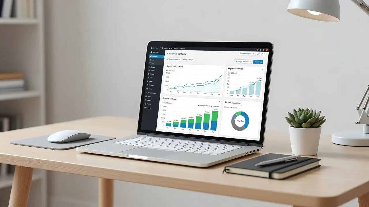 WordPress SEO services evaluation showing performance analytics and strategy dashboard.