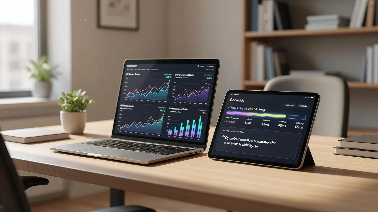 Writeless AI review header showing a digital tablet with AI software metrics on an office desk