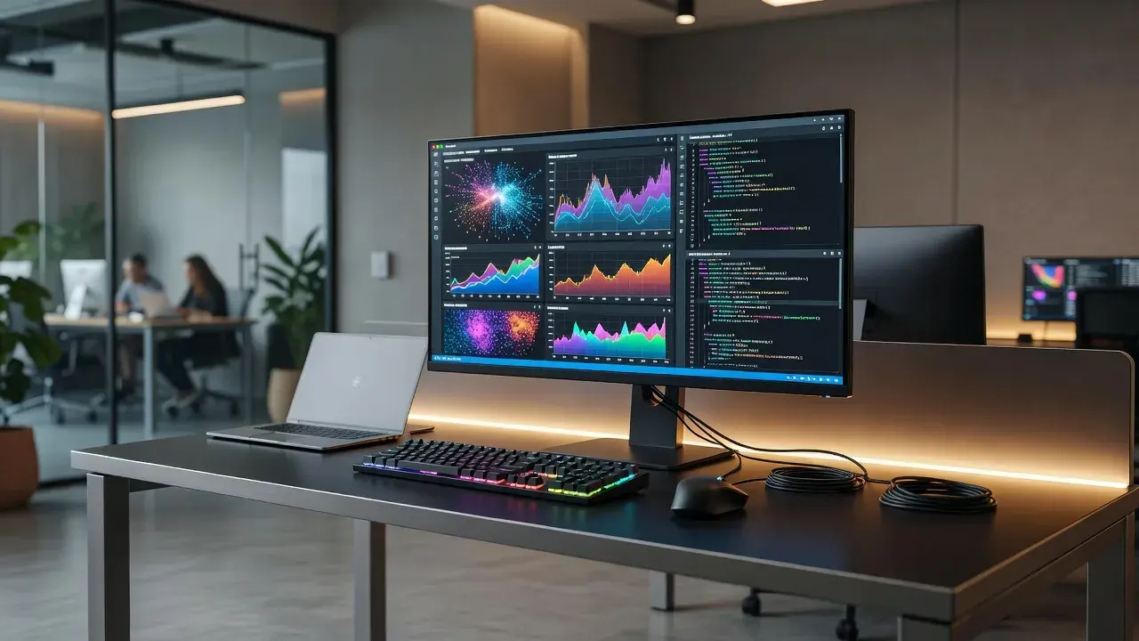 Digital workspace showing AI writing software interface and content planning tool on desktop screen.
